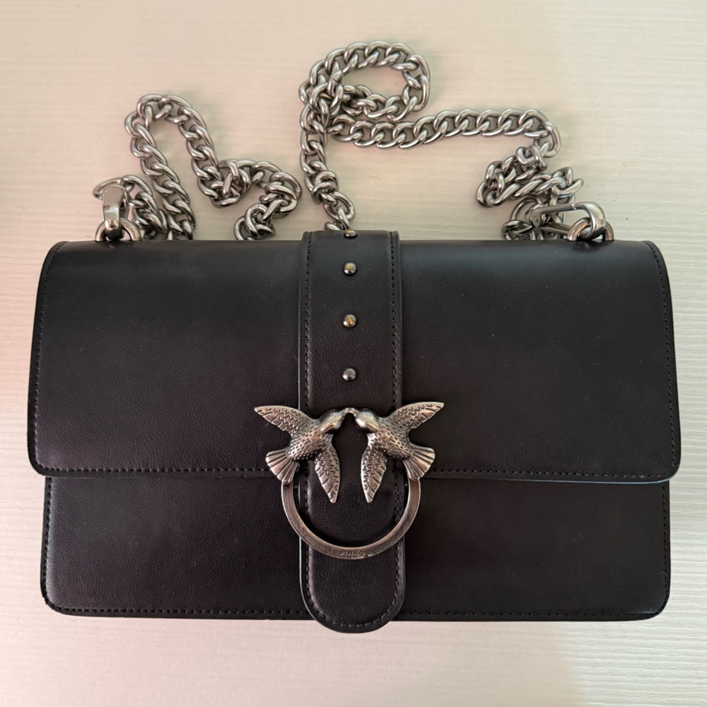 Black Leather Pinko Bag with Silver Chain and Bird Detail